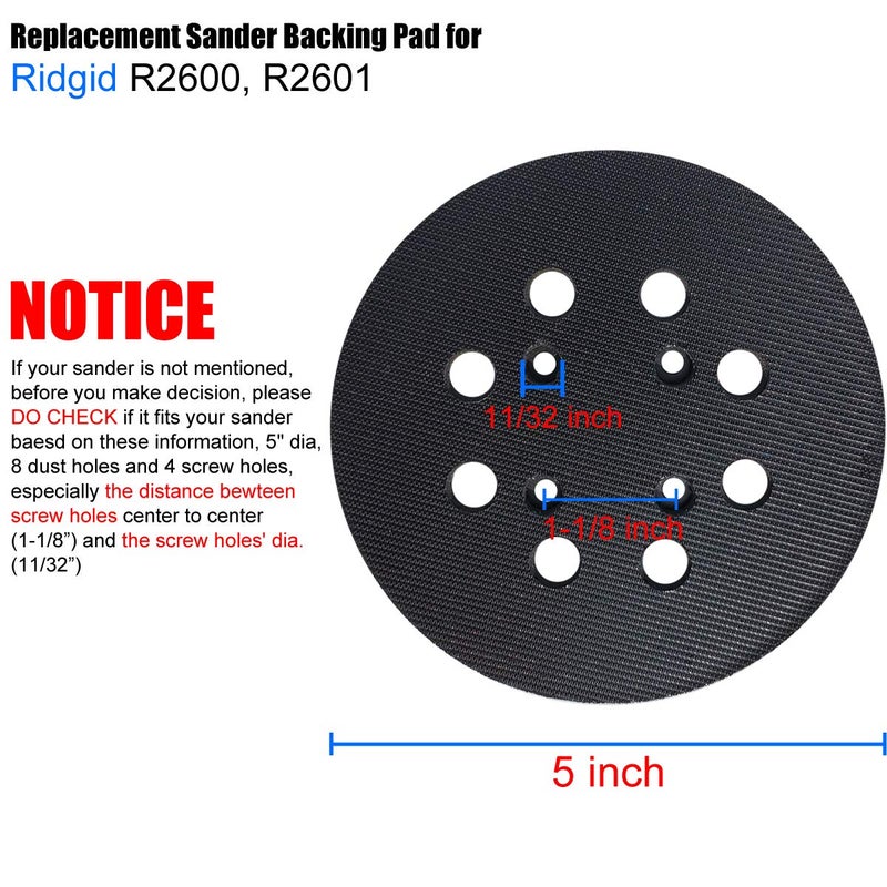 Tockrop 5" Hook and Loop Sander Pad for Ridgid R2600, R2601 Random Orbit Sanders -5 Inch 8 Hole Replacement Sanding Pad for Part Number 300527002 - with Extra Hard Backing - 1 Pack - Image 2